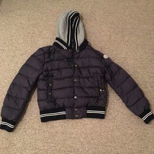 Navy blue and grey Moncler puffer jacket with hood